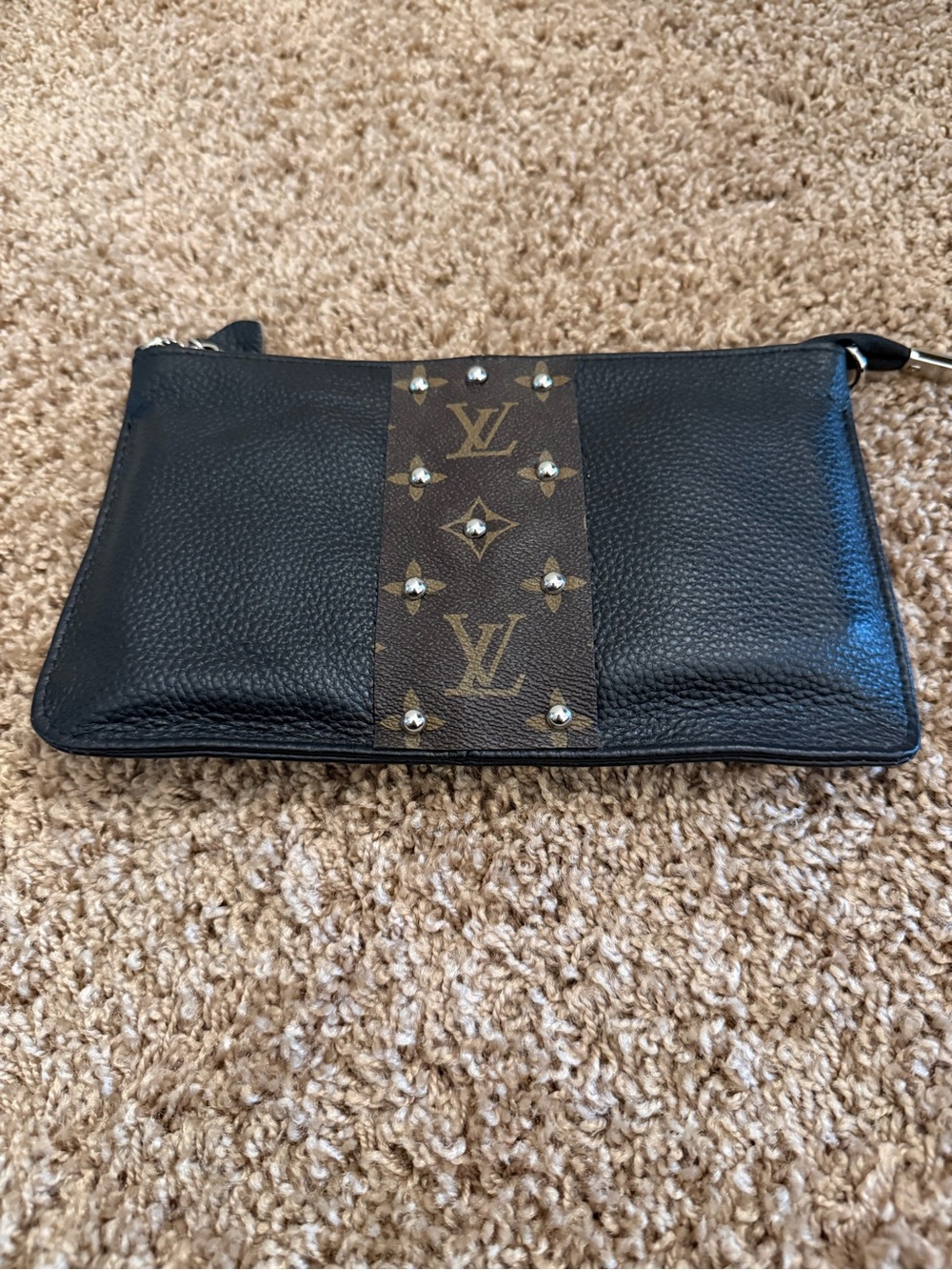 Louis Vuitton Black Leather Wristlet with Brown Monogram Panel